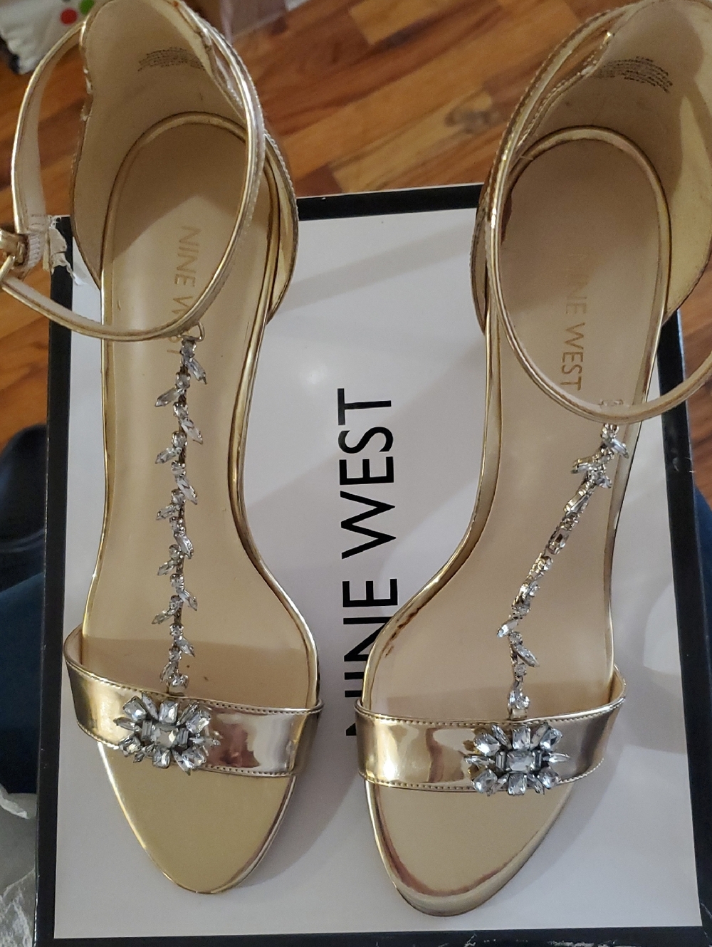 Nine West Metallic Gold T-Strap Jeweled Heels